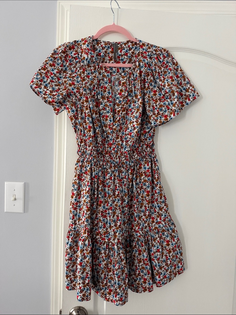 Anthropologie Floral Tiered Mini Dress in White, Red, Blue & Brown